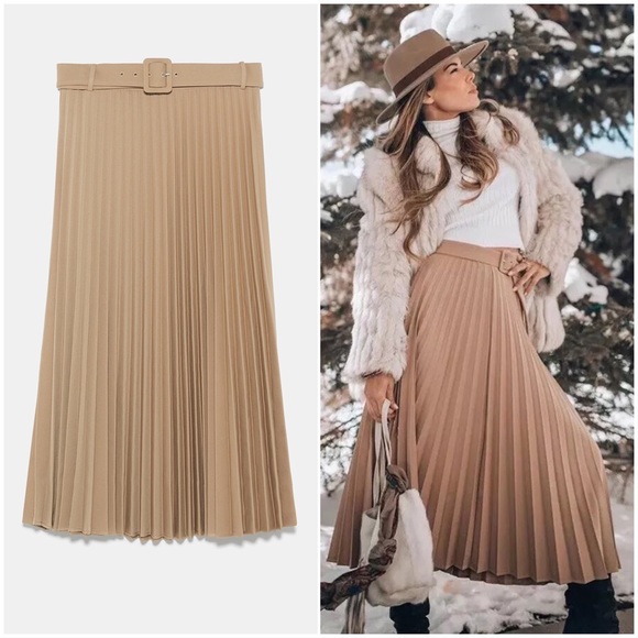 ❌SOLD❌🐫 Belted Pleated 🐪 Camel Midi Skirt - Picture 2 of 8